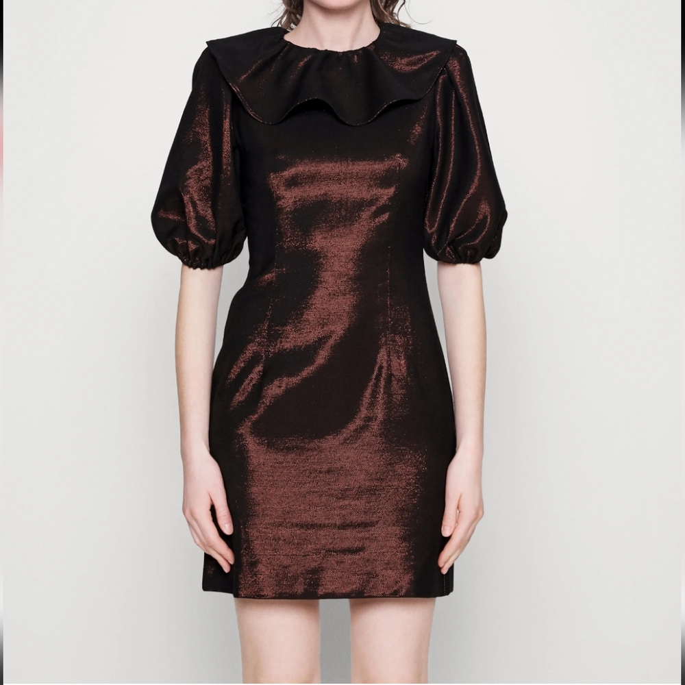 NWT Aligne Gara Rust Black Lurex Puffed Sleeve Textured Party Mini Dress